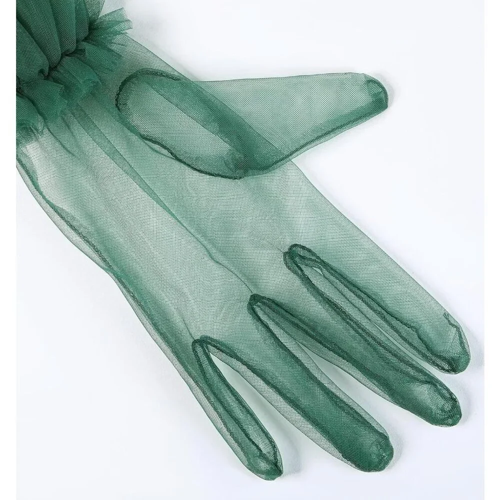 Women's Puffy Ruffle Green Tulle Sheer Mesh Party Prom One Size Short Gloves